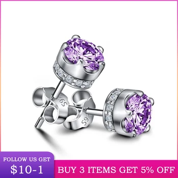 

LByzHan 100% 925 Sterling Silver Crown Zircon Stud Earrings For Women White & Purple Silver Earrings Fashion Jewelry E1004