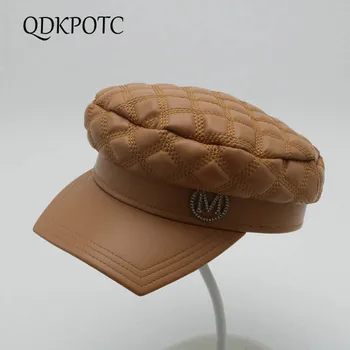

QDKPOTC Autumn Winter New Women Genuine Leather Military Hat Europe America Fashion Square Eaves Hat Female Plaid Adjustable Cap