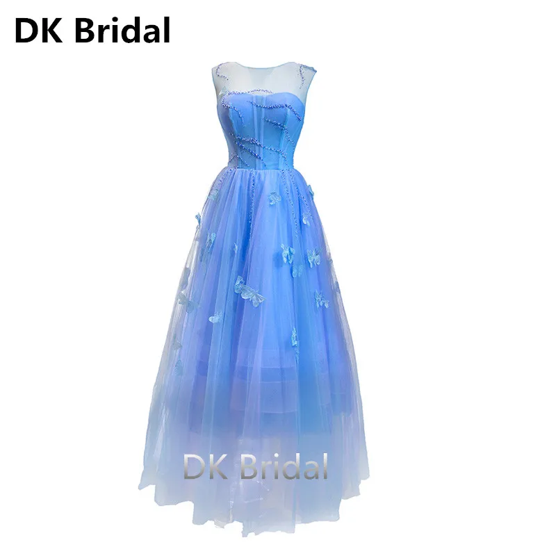 

Elegant Light Blue Evening Dresses O-Neck A line Floor Length Long Butterfly Women Formal Party Gowns 2019 New Arrivals