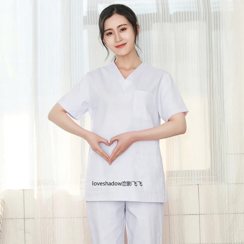 Plug Size S-4XL Pure Cotton Scrubs Women Short Sleeve V Neck Nurse Doctor Solid Color Scrub Top (No Pants) Medical Uniforms