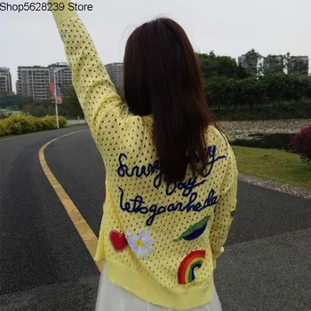 

2020 Autumn Hollow Out Loose Big Code Knitting Shirt Hand Hook Strawberry Love Rainbow Sweater Female V Collar Cardigan