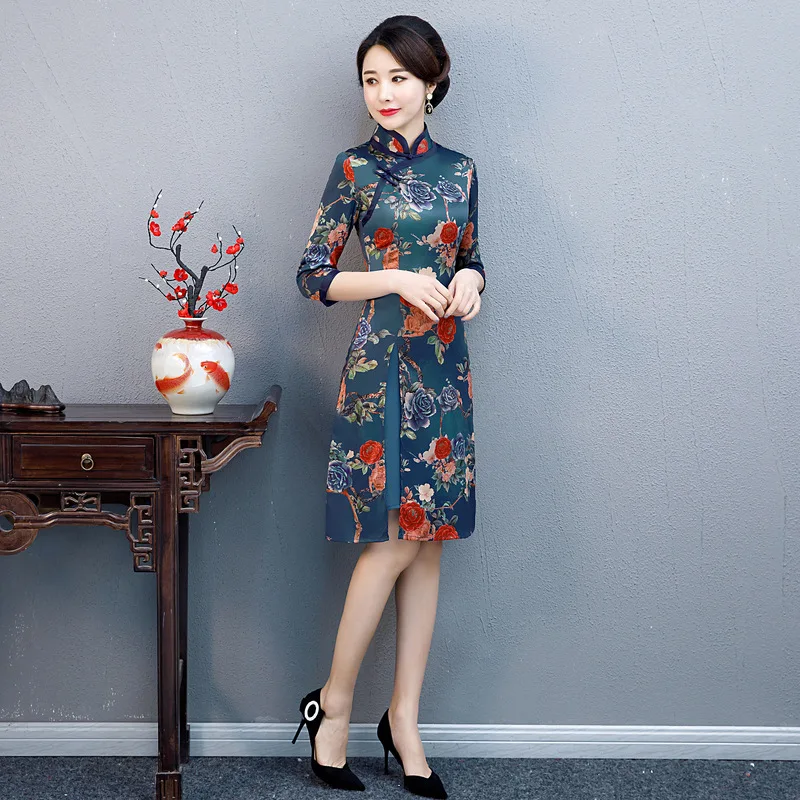 Новое поступление осень Aodai Женские китайские традиционные платья из вискозы с цветочным принтом Qipao воротник стойка Тонкий Cheongsam Размер M-5XL
