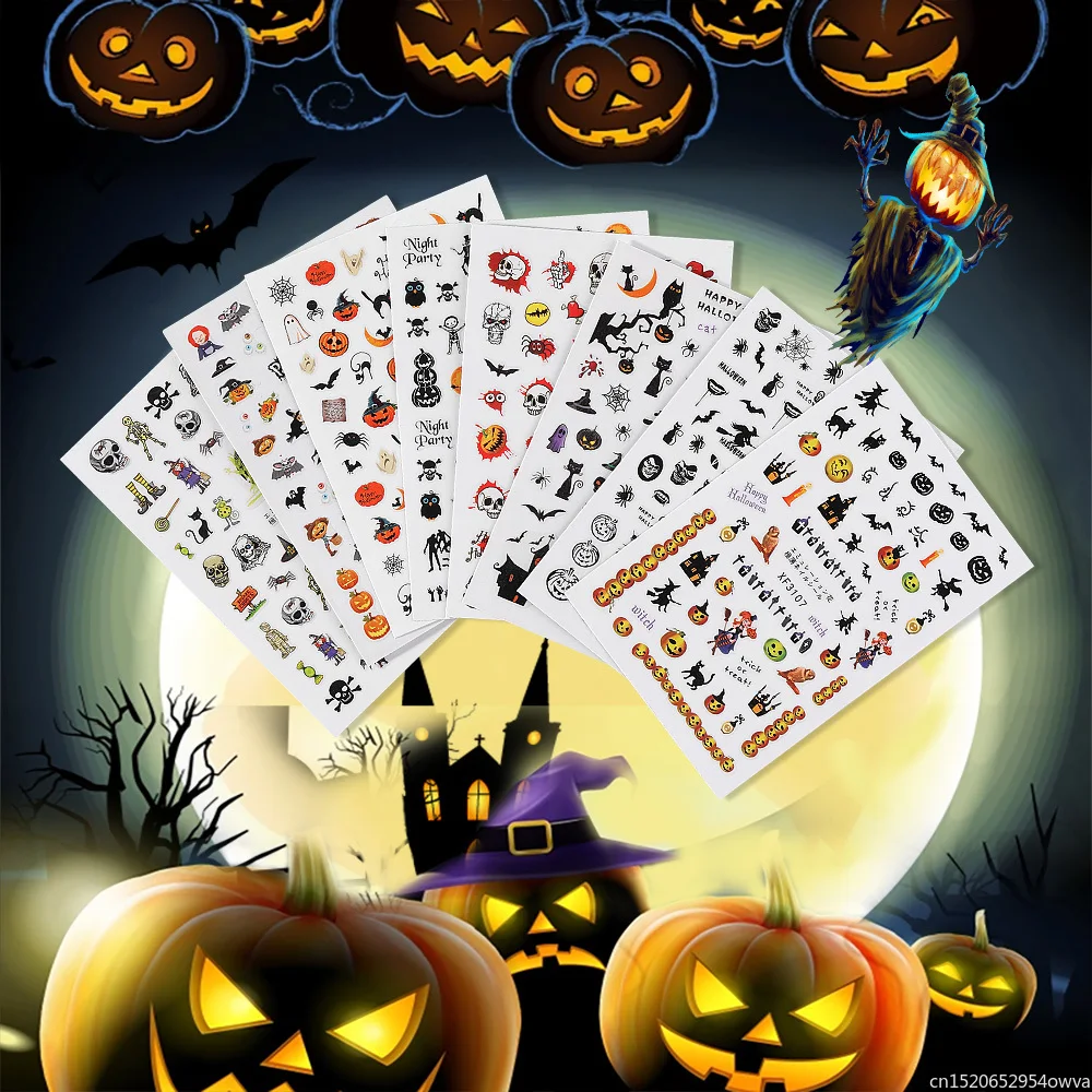 

1 Sheet Halloween Series with Back Adhesive Spider Web Black Cat Bat Pumpkin Designs Nail Art Stickers Decorations DIY Tips