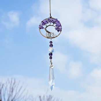 

H&D Fantasy Amethyst Tree of Life Suncatcher Rainbow Maker Hanging Crystal Pendant Healing Decor for Window,Car,Wedding,Party