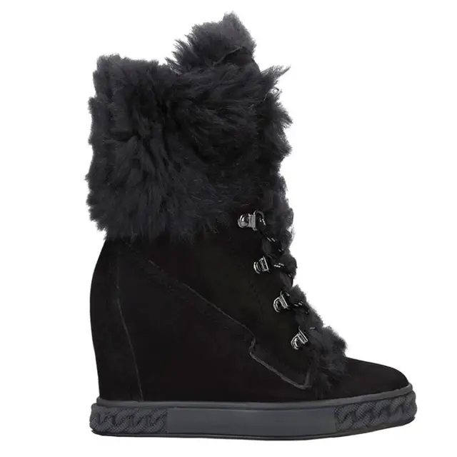 $US $99.95 design brand Winter wool inner 8CM wedge lace up woman ankle boot black suede lace up fur inner wedge winter boot woman