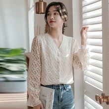 

Fashion Floral Sweet Hollow Out Lace Shirt For Women 2022 Sping Summer French Vintage V-Neck Long Sleeve Chic Blouses And Tops