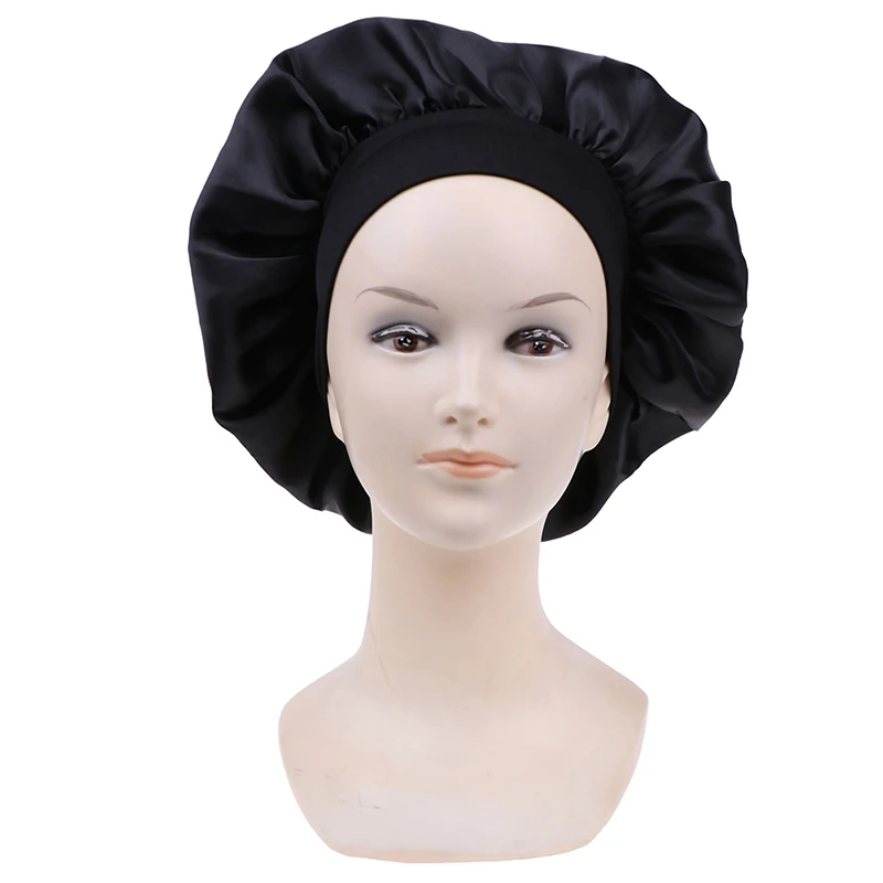 

58cm Long Hair Care Women Satin Bonnet Cap Night Sleep Hat Silk Head Wrap Adjust Shower Caps Knitted Cap Solid Color