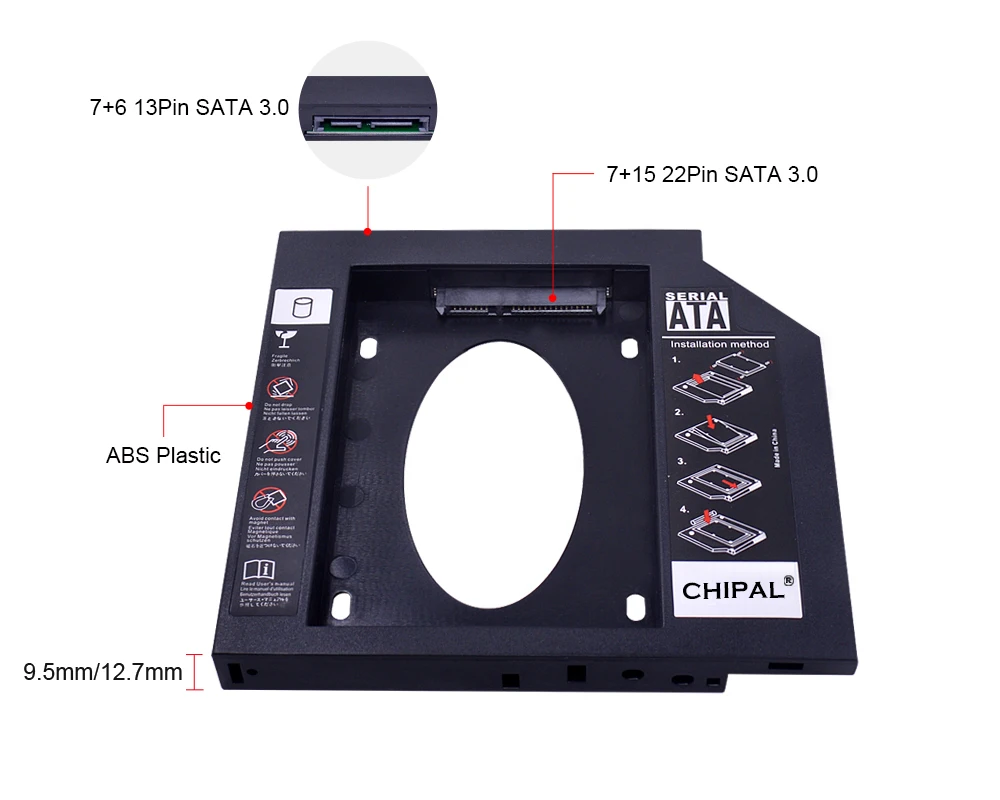 CHIPAL Ʈ DVD-ROM CD-ROM Optibay ϵ ̺ Ŭ,  2 ° HDD ĳ, 9.5mm SATA 3.0, 2.5 ġ, 9mm, 7mm SSD ̽