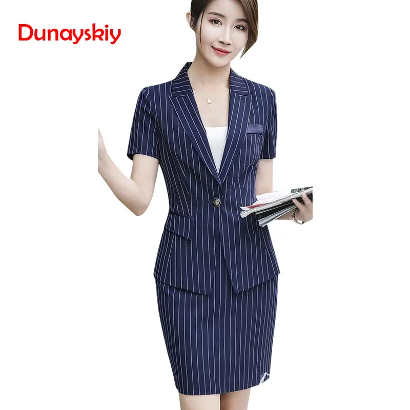 

Women Summer Spring OL Office Lady Skirt Suits Traditional Classic Striped Short Sleeved Professional Skirts Suit One Button