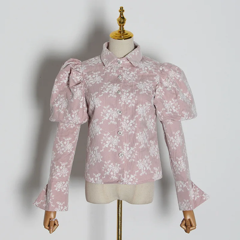 Женская сетчатая блузка, рубашка, женские шикарные Стильные топы, Blusas Mujer De Moda, отложной воротник, пуговицы, пышные рукава, принт, модная одежда