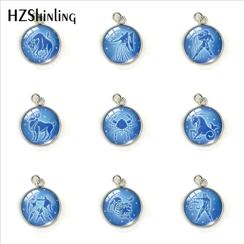 

12 Zodiac Signs Horoscope Blue Symbol Glass Dome Stainless Steel Pendant Zodiac Sign Jewelry Charms Accessory Gifts