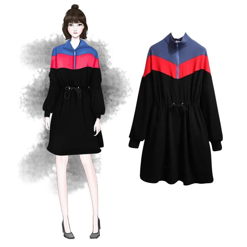 

2020 Spring New Style Large Size Dress Fat Mm Western Style Large GIRL'S Contrast Color Hoodie Slimming Dress