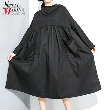 

New 2019 Women Autumn Solid Black Fashion Dress With Pockets Long Sleeve Plus Size Ladies Casual Midi Holiday Dress Robe J275
