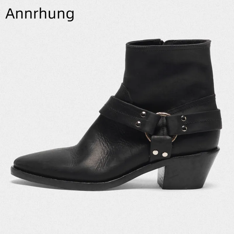 

Black Boots Women Belt Buckle Ankle Botas Pointy Toe Side Zip Cool Motorcycle Botines Real Leather Med Chunky Heel Boots Woman