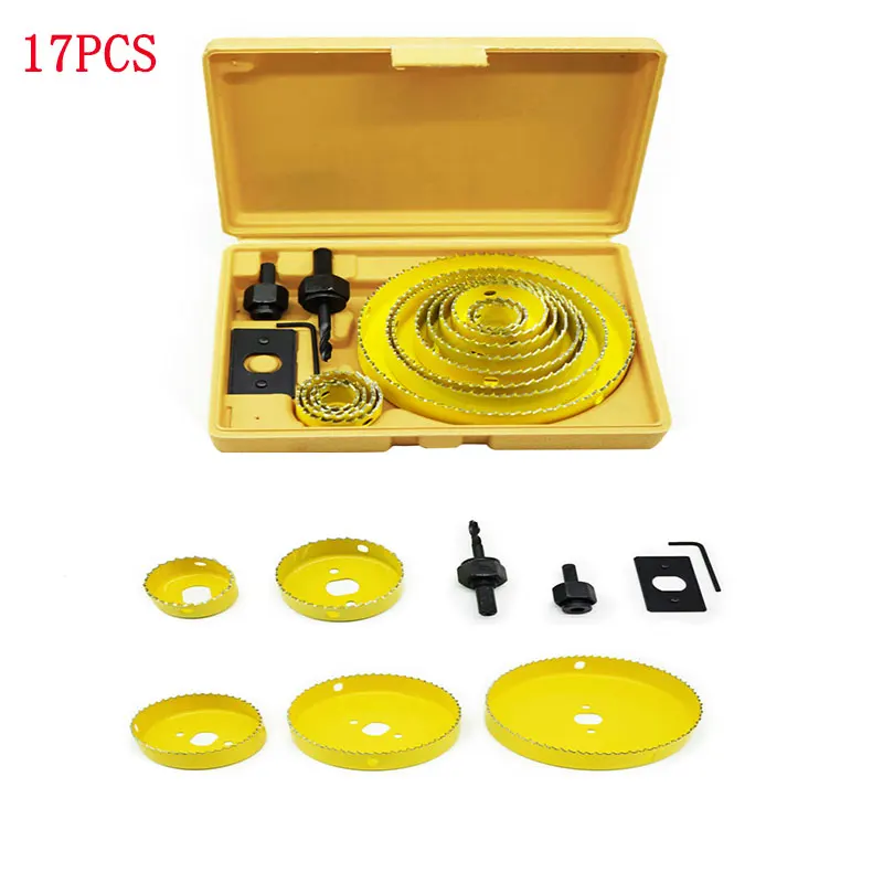 

17 Pcs Carbon Steel Hole Saw Kit with 13Pcs Saw Blades 1 Mandrels 1 Hex Keys 1 Install Drill Bits 1 Installation Plate Durable