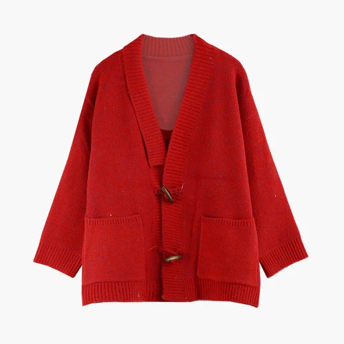 red Neploe Casaco Feminino корейский карманы негабаритный вязаный женский кардиган Повседневный толстый трикотаж Роговая Пряжка винтажный свитер пальто 54586 - Цвет: red