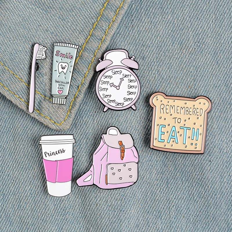 Students Morning Enamel Pins Alarm Clock Toothbrush Toothpaste Toast Bread  Travel Cup Bag Pins Button Brooch Metal Badge Gifts