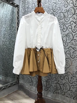 

2020 Early Autumn New Women's Small round Neck Hem Color Panel Drawstring Waist Hugging Long-Sleeved Shirt 721