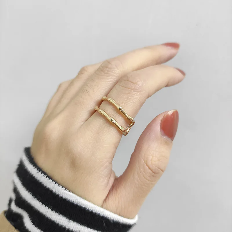 

Minimalist Bamboo Joint Double Layers Rings for Women Femme Brass Gold Hollow Irregular Geometric Charm Ring Statement Jewelry