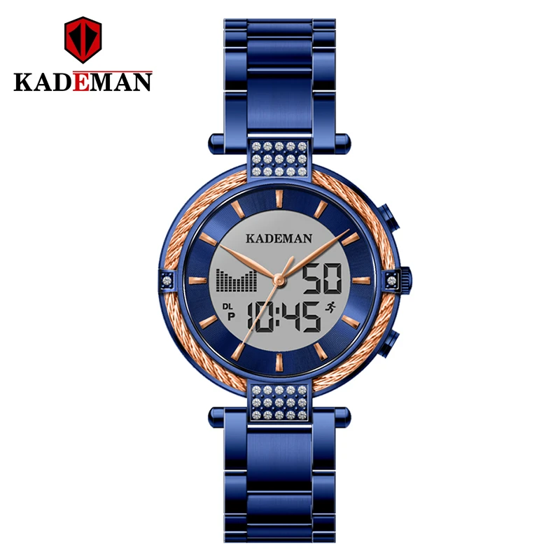 

KADEMAN New Elegant Dual Display Quartz Digital Women Watch LED Stainless Steel Waterproof Wrist Watches For Women Luxury Brand