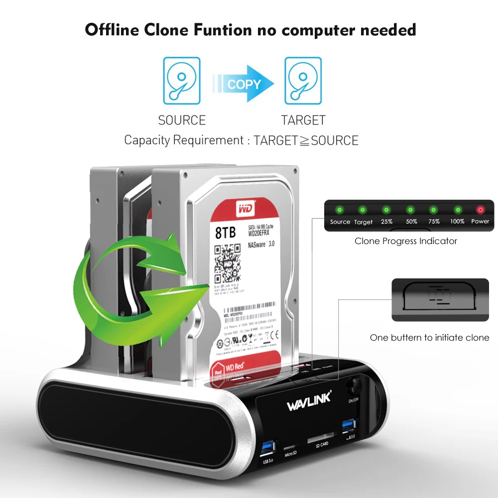Wavlink-듀얼 베이 USB 3.0 to SATA 하드 드라이브 인클로저 SATA HDD 도킹 스테이션 HDD 박스, 오프라인 복제 및 UASP, 2.5 3.5 HDD SSD 용
