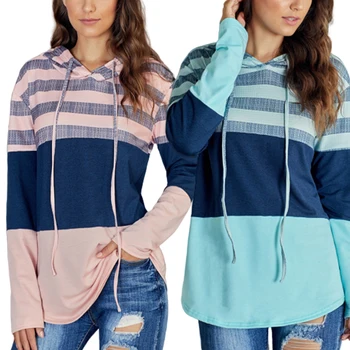 

Striped Women Hoodies Longline Poleron Mujer 2019 Tunic Long Sleeve Drawstring Color Block Pullover Sweatshirt Slim Fit Hoodie