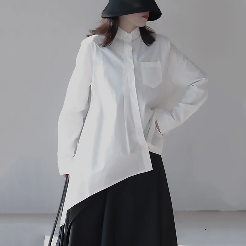 [EAM] Женская белая Асимметричная блузка с разрезом, новая свободная рубашка с отворотом и длинным рукавом, модная весенняя Осенняя 1K499 - Цвет: white