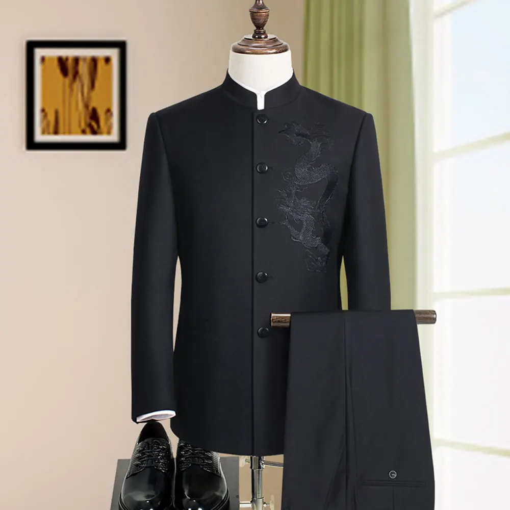 Пиджак+ брюки, мужские деловые костюмы, брюки, китайский костюм-туника, черный, Новое поступление, традиционный мандарин размера плюс, XXXXL, F048 - Цвет: Style1 Dragon