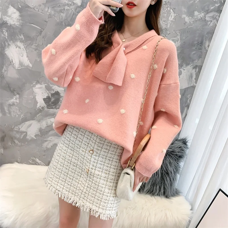 H.SA Women Winter Sweaters Long SLeeve Crew Neck Pink Pullover and Sweater Polka Dots Bow Sweaters Kawaii Knitwear Tops