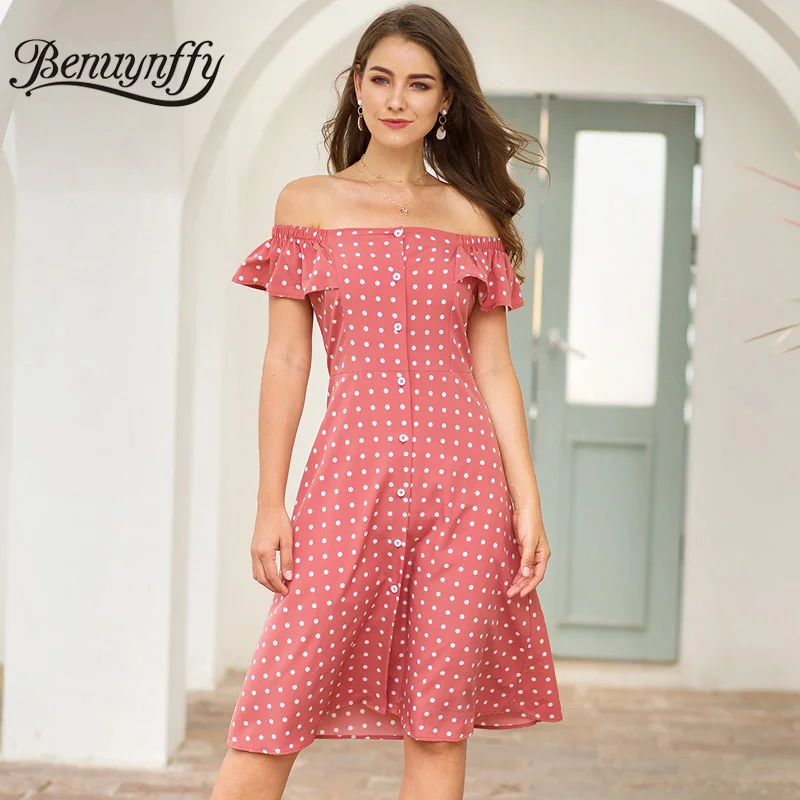 Very Cheap 1ybor Benuynffy Ruffle Sleeve Off Shoulder Button Women Dress Summer Vestidos Casual Slim High Waist Polka Dot Midi A Line Dress Very Cheap 1ybor Benuynffy Ruffle Sleeve Off Shoulder Button Women Dress Summer Vestidos Casual Slim High Waist Polka Dot Midi A Line Dress