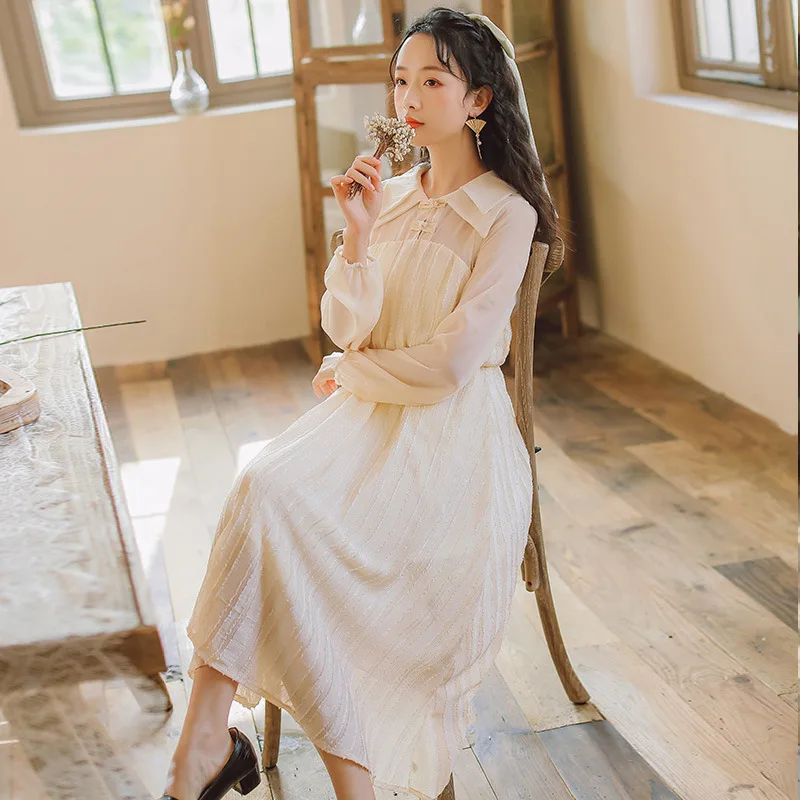 

2020 Spring WOMEN'S Dress New Style Chinese-style Literature And Art Improvement Frog Solid Color Long Sleeve Spring And Summer