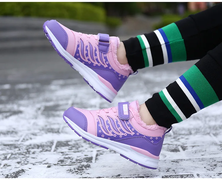 Winter New Girls Sneakers Plus Velvet Thickening Warm Children Sports Shoes Slip Leather Kids Sneakers School Running Shoes