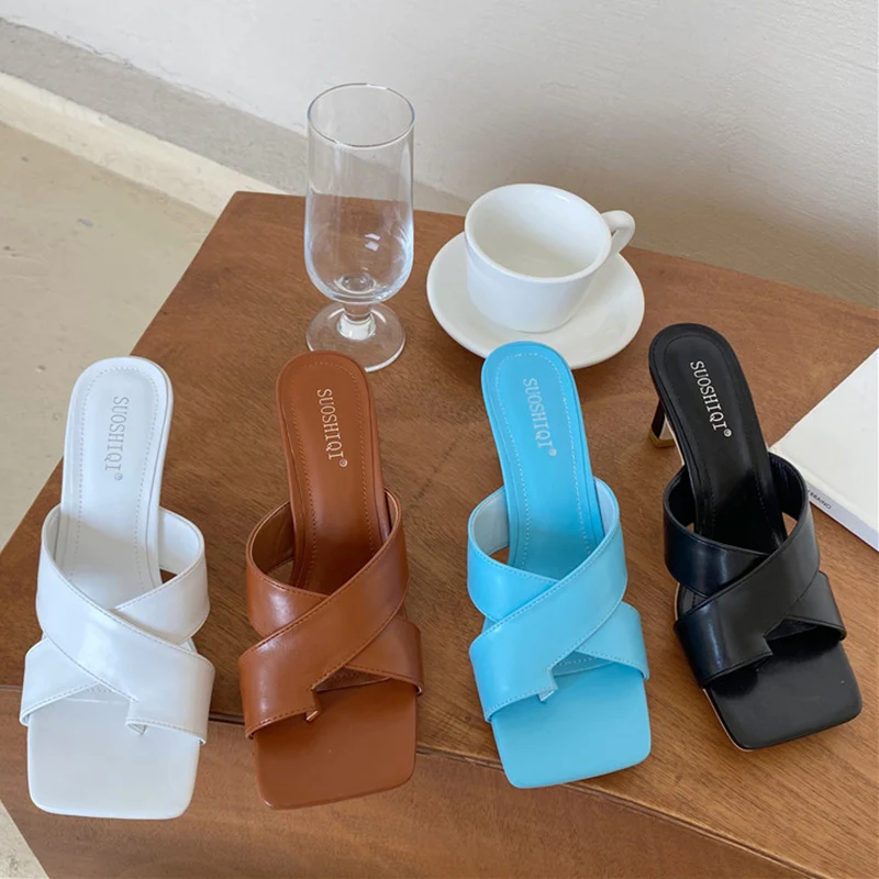 2020 роскошные женские шлепанцы на высоком каблуке 7 см Туфли без задника Летние