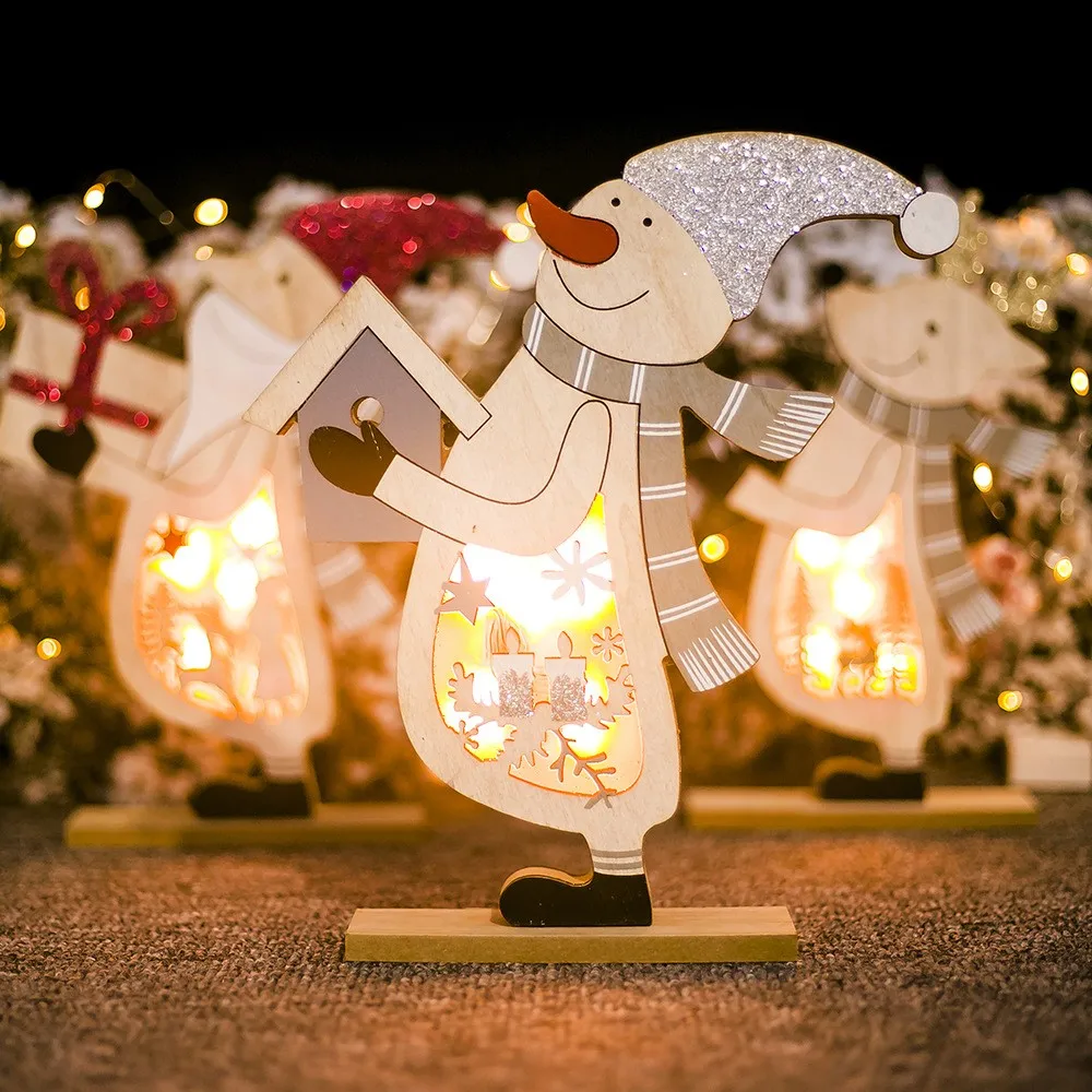 

Christmas Tree Desktop Wooden Ornaments Santa Claus Snowman Elk Wood LED Light Figurines for Xmas New Year Party Home Decoration
