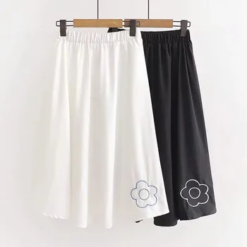 

Women Preppy Style White Skirts Japanese New Spring High Waist Elastic Floral Embroidery Midi Saias Student Chic Sweet Skirt