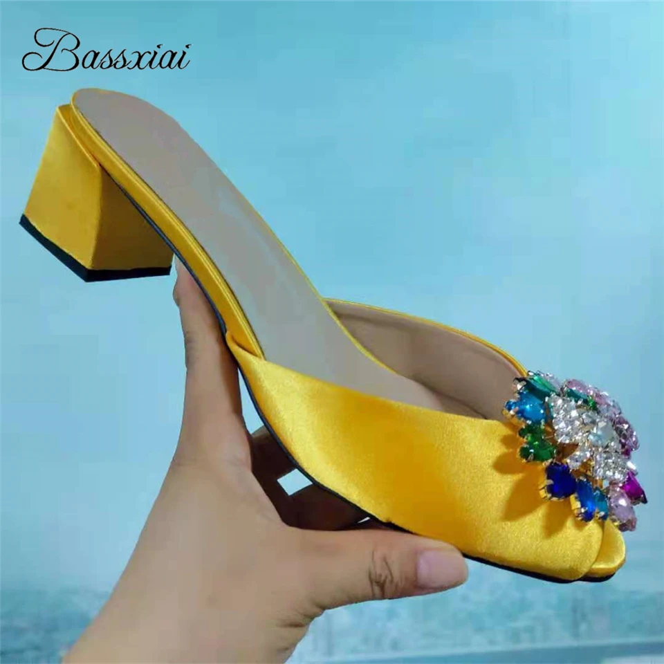 Luxury Satin Square Heel Slingbacks Mules For Girls Lady Sexy Peep Toe Colorful Rhinestone Flower Buckle Sandals Women | Обувь