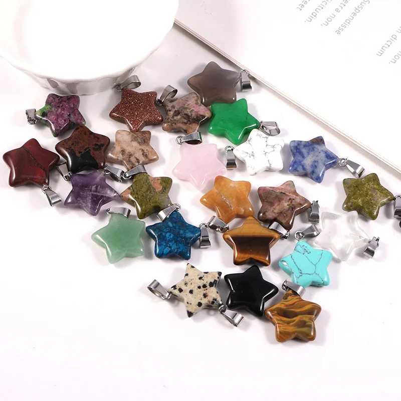 Natural  Stone Pentagram Rose Quartz Tiger's Eye Opal Crystal Pendants fit Chakras Necklace Jewelry  Making