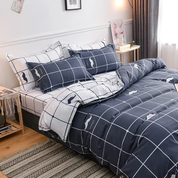 

Blue grid Bedding Set Luxury Flowers Duvet Cover Set Lucky Clovers and Plaid Reversible Bed Linen Luxury Home Textile