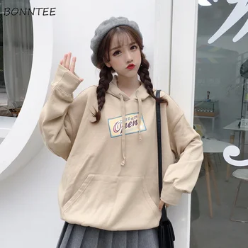 

Hoodies Women Print Hooded Lovely Simple Trendy Loose Student All-match Korean Soft Womens Sweatshirt Chic Pocket Long Sleeve