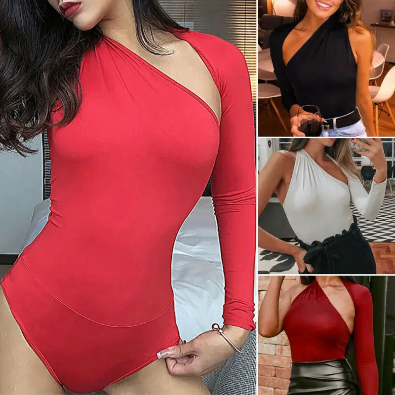 Womens Long Sleeve Bodysuit One Shoulder Leotard Spring Autumn Slim Fit Bodycon Bandage Jumpsuit Tops Sexy Jumpsuit Club Wear