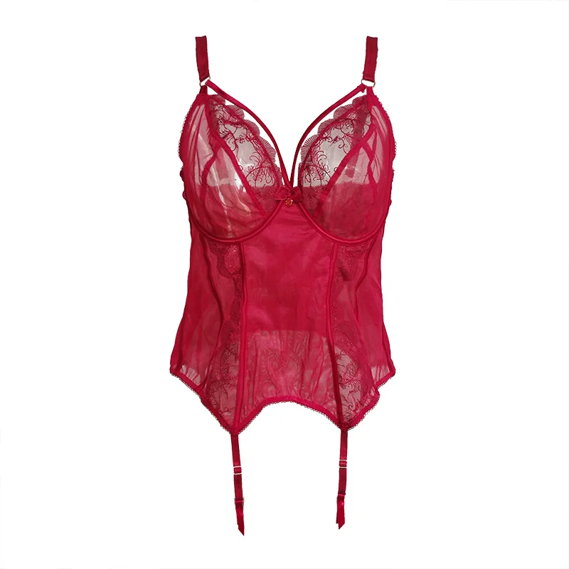 Red Lace Gauze Plus Size Women Sexy Bustier With Garter Belts Metal Clips Sexy Lingeries