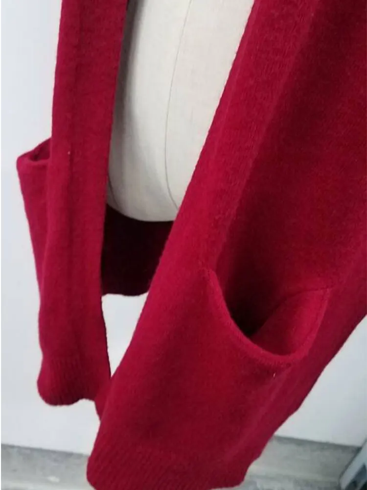 Women's sweater long solid color large pocket knit cardigan sweater