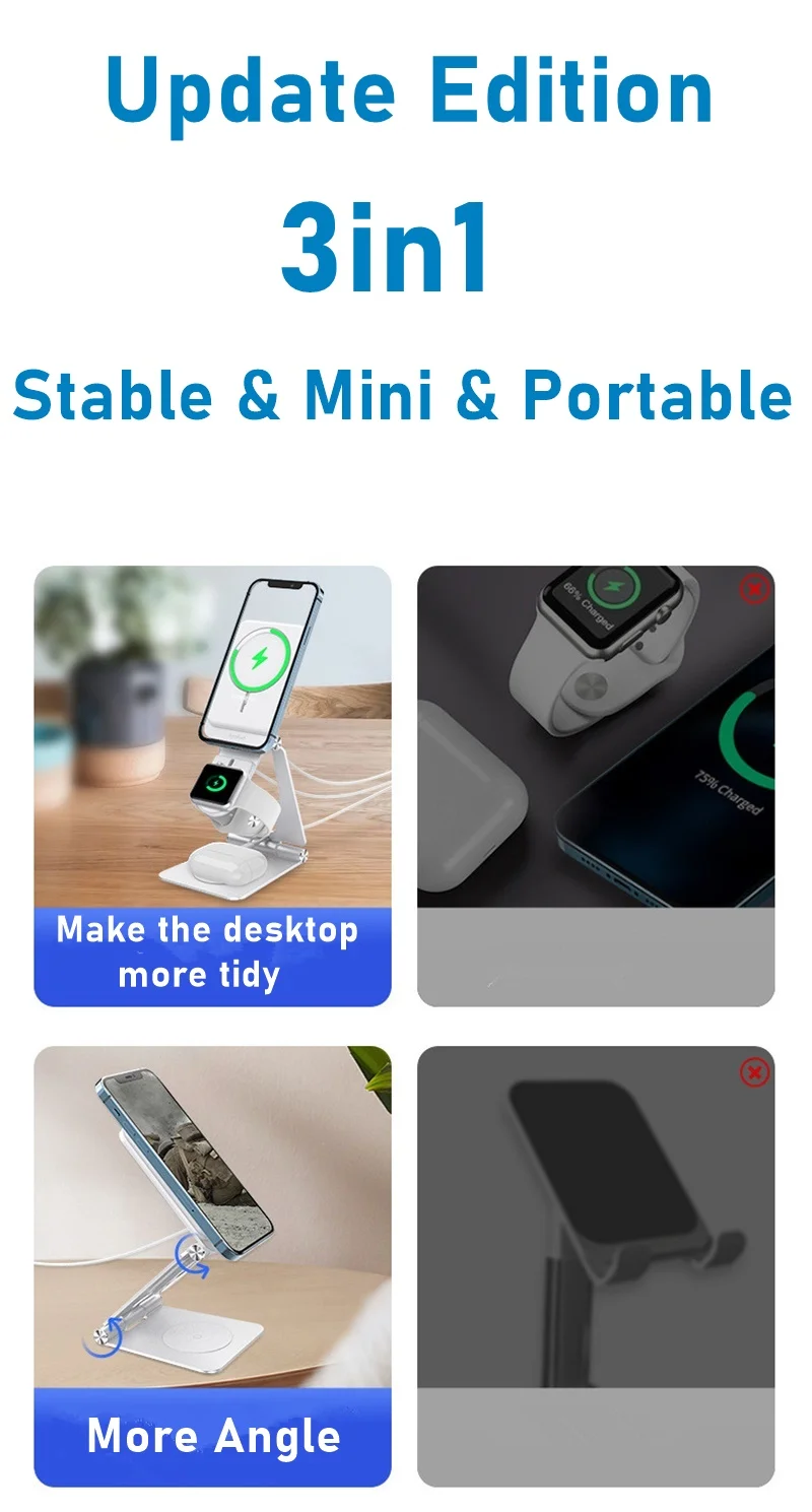 3IN1 Aluminum Adjustable Phone Stand For Iphone 12 13 Pro Max Mini Phone Mount Foldable Desk Holder For Airpods Pro Apple Watch mobile stand for bike