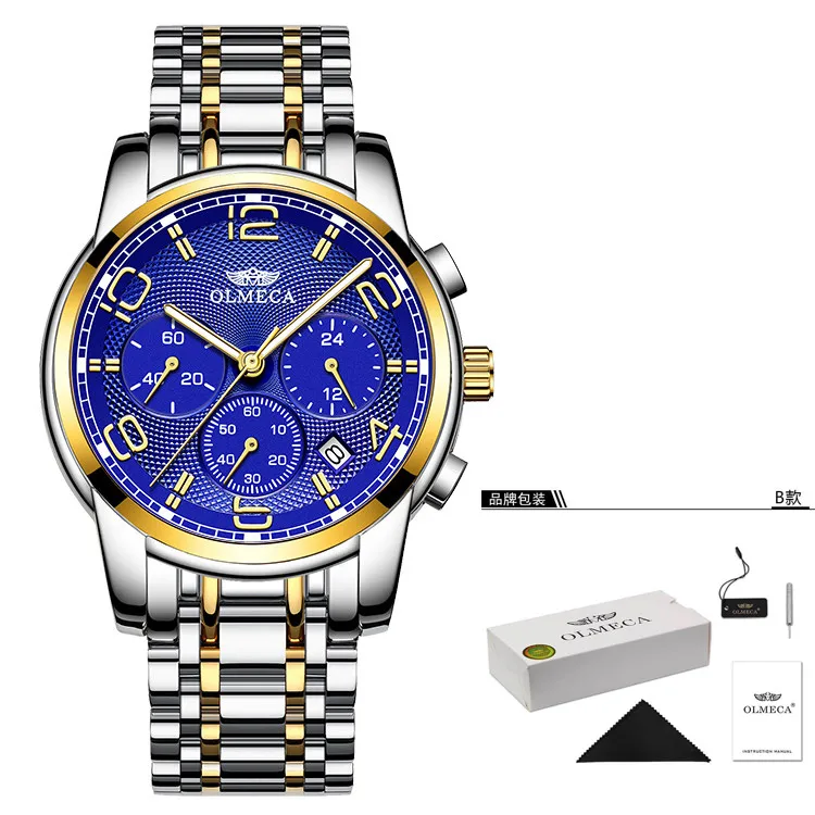 OLMECA Мужские кварцевые наручные часы спортивные Для мужчин мужской классический Бизнес наручные часы из нержавеющей стали Автоматическая Дата Браслет для мужа босс подарок браслет часы - Цвет: mix blue-box