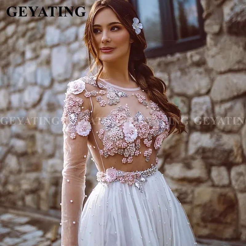 Сексуальное прозрачное белое торжественное платье с объемным цветком, длинные рукава, вечерние платья с жемчугом, платья для торжественных событий, элегантное платье для рождественской вечеринки