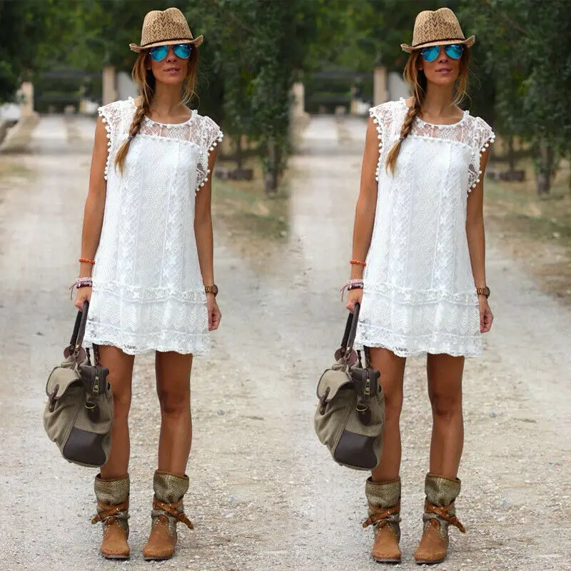 New 2020 White Dress Women Casual Lace Sleeveless Beach Short Dress Bohemian Tassel Clothes Mini Dresses Sukienka Damska Vestito