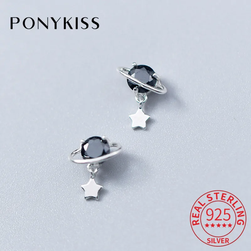 Стильные серьги PONYKISS в виде планета из серебра и черного циркона романтичные с