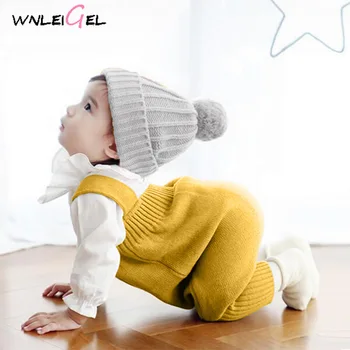 

WLG winter toddler baby knitting overall pants baby girls boys cotton pants kids button fly loose wool pant kids winter cloth