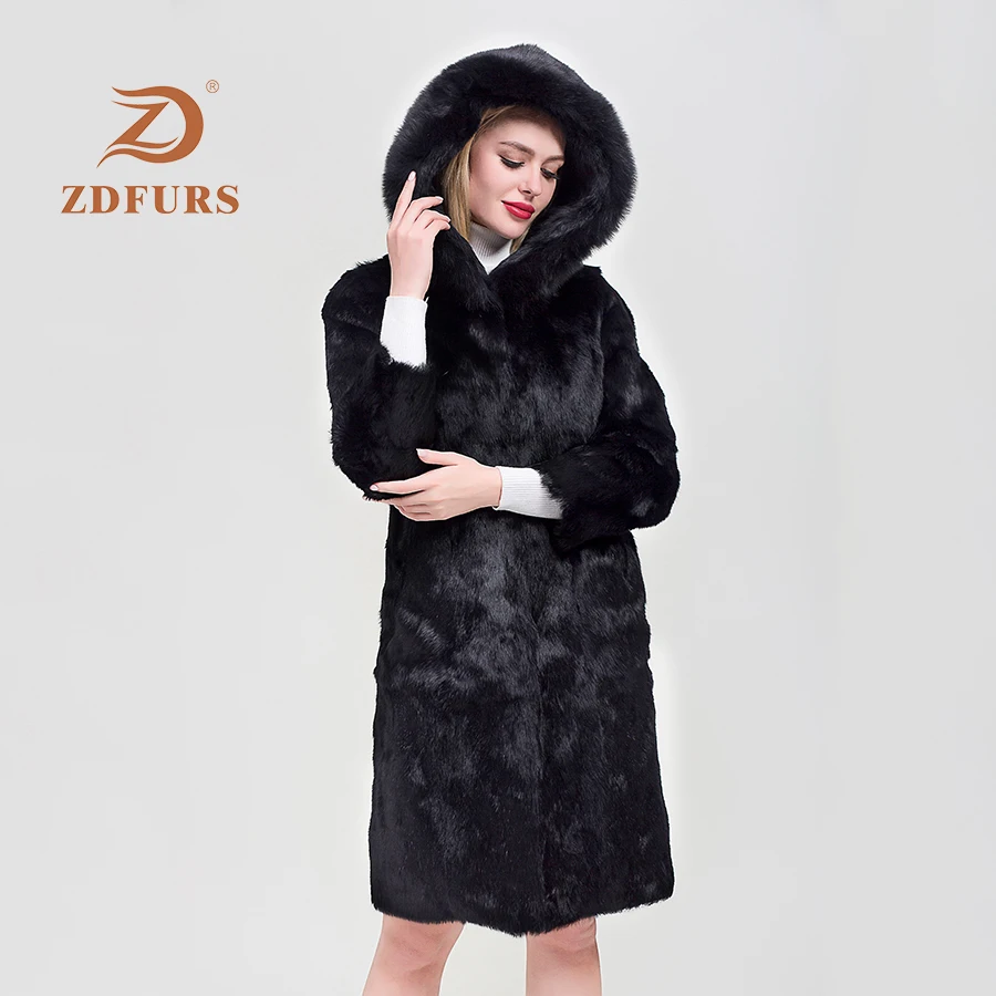 

ZDFURS*2019 Fashion real fur coat women full sleeve wave cut genuine rabbit fur warm winter coats and jackets with fox hood