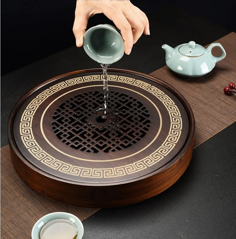 

Chinese Tradition Kung-Fu Tea Tray Bamboo Wood Panel Dish Tea Plates Round Water Storage Tray Small Large size Tea platter